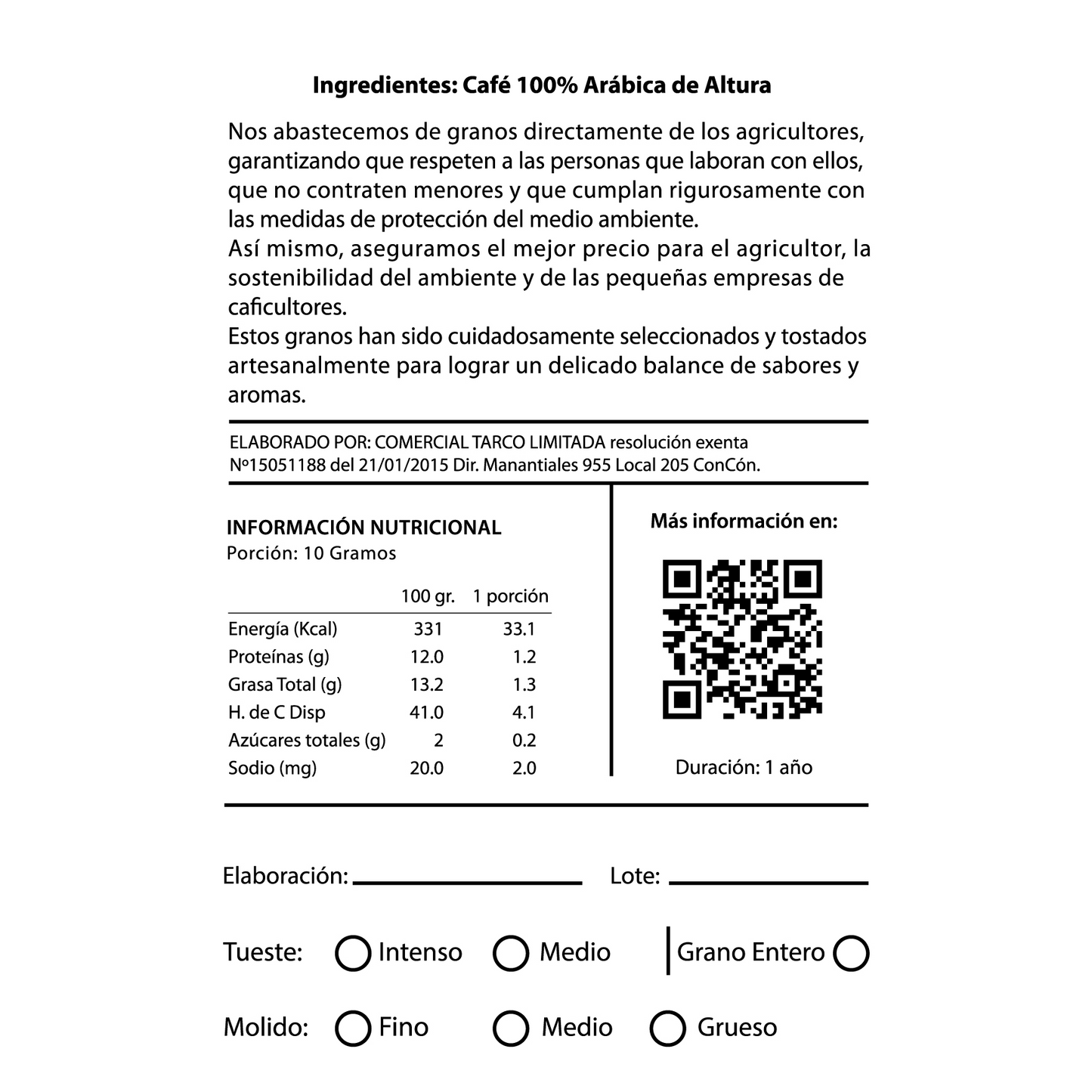 Etiqueta Café Especialidad Brasil Alta Mogiana - Café Tarco